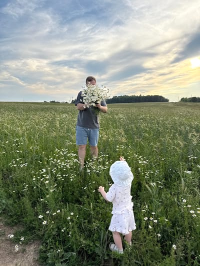 A full-body, eye-level shot captures a man and a child in a field of green grass and white daisies under a dramatic, cloudy sky with the sun setting in the background, casting a warm glow. The man, dressed in a gray t-shirt and denim shorts, stands in the mid-ground, holding a large bouquet of daisies that obscures his face. To his right, and closer to the foreground, a child wearing a white sun hat and a light-colored, ruffled dress faces away from the camera, appearing to reach for a flower. The child is also wearing white sandals. The field is dense with green vegetation and dotted with numerous white daisies, suggesting a natural, rural setting. The background shows a line of trees and a few power poles under the twilight sky. The location is identified as Сновицы, Russia.