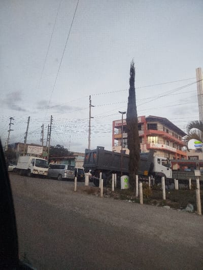 The image presents an overcast street scene in Keekonyokie ward, Kenya, likely captured during late afternoon or early morning due to the dim, diffused light and cloud cover. The sky is uniformly light grey, filled with a complex web of overhead utility lines connecting numerous wooden and concrete poles that line the road.
In the foreground, a paved road curves gently to the left. Along the left side of the road, a line of parked vehicles includes a white box truck, a silver minivan, and a dark sedan. Further down, a building sign partially visible reads "Romani Kitchen".
On the right side of the road, a prominent tall, slender conifer tree, resembling a cypress, stands erect. To its right, a large white dump truck with a grey, raised bed is parked. White concrete bollards or posts delineate the edge of the road or a pedestrian area in front of the truck.
In the background, a multi-story building with reddish-orange and white sections is visible. Text on this building appears to read "TWAR..." (possibly "TWARITE" or "TWARITE CENTER"), and a red logo with a white "A" is visible beneath it. A window on this building brightly reflects a light source, possibly an interior light or a transient sunbeam. A tall, light-colored structure and a palm tree are partially visible on the far right. The scene depicts a typical commercial street with parked vehicles and urban infrastructure.
