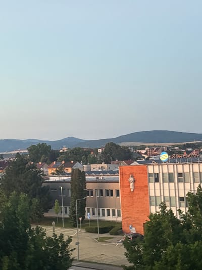 The image captures an urban panorama in Piešťany, Slovakia, during a clear, pale blue sky. The foreground is dominated by lush green trees, obscuring much of the lower portion of the scene. In the middle ground, various buildings are visible. A prominent orange brick building stands out, featuring a relief sculpture of a person on its facade. Adjacent to it is a taller, multi-story building with a light-colored facade and numerous windows. A blue and yellow circular logo is affixed to the roofline of this building. Further into the background, residential buildings with red-tiled roofs and a scattering of trees are nestled amongst larger, dark green trees and undulating hills. The distant horizon is marked by a range of hazy, blue-toned mountains. The scene appears to be a view from an elevated vantage point overlooking a part of the city.