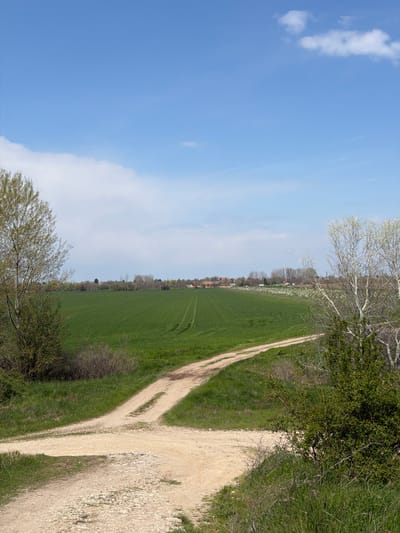 The image shows a landscape in Slanotran, Bulgaria. A dirt path splits into two, running alongside a green field. Trees line the edge of the field. The sky is blue with scattered clouds. There are no people visible.