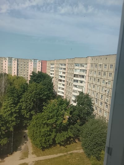 The image depicts a residential building in Zhlobin, Belarus, under a cloudy sky. The building is a multi-story, curved structure with a light grey facade and pink accents. It is lined with numerous rectangular windows. In front of the building, there is a dense canopy of green trees. A dirt path winds through the grassy area in front of the trees, and a single person in dark clothing is walking on the path. The perspective is from an elevated viewpoint, looking down and across the scene.