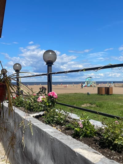 The image shows a view from a raised planter box containing pink and white roses and other greenery, overlooking a sandy beach and the sea under a partly cloudy blue sky. In the foreground, a concrete planter box runs along the bottom of the frame. A black metal railing with some decorative string lights runs horizontally across the midground. Beyond the railing, a sandy beach stretches to the sea. Several people are visible on the beach, some walking and others seated. A playground with blue and green structures is situated on the beach. Two wooden trash receptacles are also present. The scene appears to be a public recreational area, likely in the city of Belozersk, Russia, given the context provided. The lighting suggests it is daytime, with the sun casting shadows.