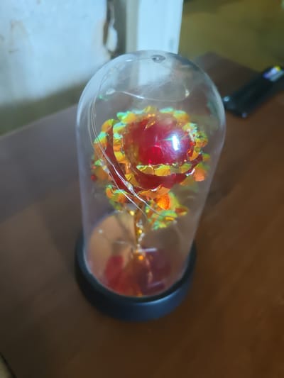 A decorative artificial rose encased in a glass dome sits on a wooden table. The rose is red and orange with a metallic sheen, and it is illuminated by small LED lights woven around its petals and stem. The glass dome is clear, and the rose is positioned in the center of the dome. The table surface is a warm brown wood grain. In the background, a blurred light-colored wall and a dark object, possibly a remote control, are visible. The scene suggests an indoor setting, likely a home environment.