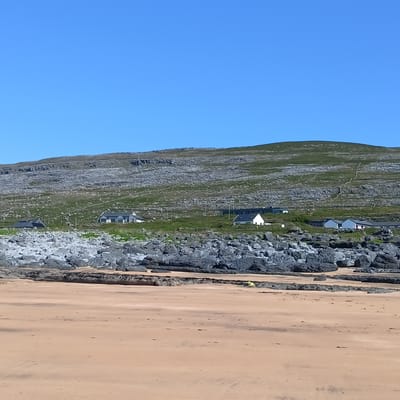 A wide, sandy beach with light brown sand stretches across the foreground. Beyond the beach are large, dark gray rocks and boulders. Further back, the scene transitions to a grassy, rocky hillside dotted with several white houses with dark roofs. The hillside slopes upwards towards a ridge that forms the top of the frame. The sky above is a clear, bright blue. The overall scene depicts a coastal landscape in Fanore, Ireland, under a sunny sky.