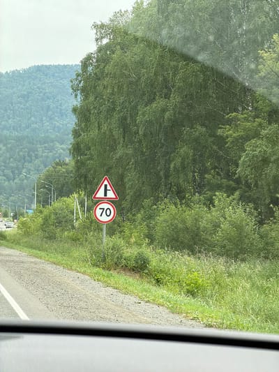 The image captures a roadside view near Izvestkovyi, Russia, with a focus on a speed limit sign and a yield sign. The speed limit is indicated as 70, displayed within a red circle on a white background, positioned below a triangular yield sign featuring a horizontal bar crossed by a vertical bar. The signs are mounted on a single pole and stand amidst lush green vegetation.

In the background, a dense forest covers rolling hills, suggesting a rural or semi-rural setting. The road, paved with gravel, runs along the right side of the frame, bordered by a white line on the left. A few streetlights are visible further down the road, hinting at a moderately developed area. The sky is overcast, casting a soft, diffused light over the scene. The overall impression is one of a tranquil, natural environment with road infrastructure present.