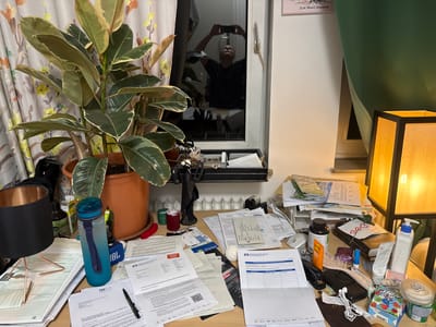 The image depicts a cluttered desk in an indoor setting. A large potted plant with variegated leaves is prominent on the left side of the desk, positioned against a floral curtain. In the background, a window shows a reflection of a person taking a photograph of themselves with a mobile phone. The desk surface is covered with numerous papers, documents, and office supplies, including a stapler, pens, a mouse, and a water bottle. A desk lamp with a warm yellow light is visible on the right side of the image. Some items on the desk include a bottle of LevOzon 50, a hairbrush, and various containers and tubes of personal care products. The overall impression is one of a working or living space that is in a state of disarray. There is no direct indication of the location in the city of Fürstenfeldbruck, Germany, beyond the presence of documents from "Volksbank Raiffeisenbank Fürstenfeldbruck eG."