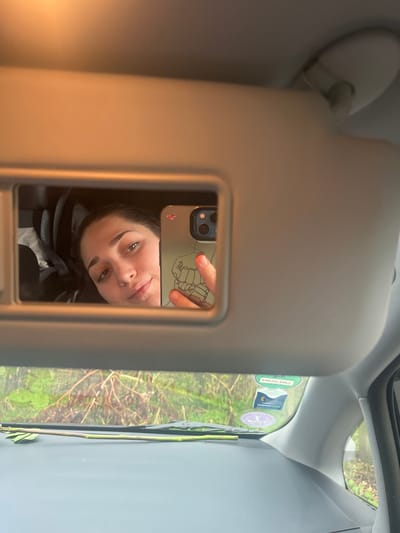 The image depicts the interior of a vehicle, located in Lonate Pozzolo, Italy. A female individual is observable through her reflection in the passenger-side vanity mirror, which is in the lowered position. She is engaged in taking a selfie, holding a light-colored iPhone, identifiable by its rear camera array, which is encased in a protective cover featuring an abstract line drawing of clasped hands. Her facial features, from the nose to the chin, are discernible within the mirror's frame, along with a portion of her right eye and shoulder. A dark-toned car seat or child restraint system is partially visible in the reflected background. The sun visor is light gray. The vehicle's dark gray dashboard is visible beneath the mirror, across which a green and brown leafy branch rests horizontally. The windshield displays multiple circular adhesive decals on its lower right side, including a green one with white text and a purple one depicting a crescent moon and stars. Beyond the windshield, the exterior environment consists of dense green foliage.