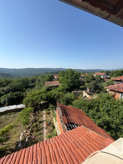 The image depicts a scenic view of Gorno Pavlikene, Bulgaria, characterized by a verdant landscape under a clear blue sky. In the foreground, a rustic roof with weathered terracotta tiles takes center stage, showing signs of disrepair with missing tiles exposing wooden beams. A portion of a concrete structure is also visible.
The mid-ground reveals a collection of traditional Bulgarian houses, distinguished by their red-tiled roofs, scattered amidst lush greenery. Some of these structures appear well-maintained, while others show signs of age and neglect, with some appearing partially ruined. A narrow, paved pathway winds through a garden area populated with flowering plants and trees. Adjacent to this path, a white tarp covers what appears to be construction materials or a garden feature. A grapevine is also visible, trained on supports.
The background is dominated by rolling hills covered in dense forestation, creating a picturesque backdrop. The overall impression is one of a tranquil, rural setting, likely captured on a sunny day. There are no people or animals visible in the frame.