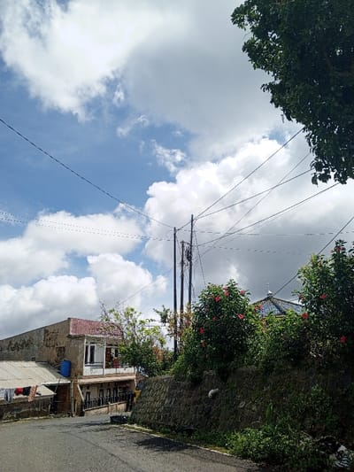 A sunlit street ascends, bordered by a weathered building on the left and a stone wall with vibrant hibiscus bushes on the right. Power lines crisscross the sky above, punctuated by utility poles. The sky is partly cloudy, hinting at a bright day. A mosque roof is visible amidst the foliage. Laundry hangs on a line, adding a touch of domesticity to the scene. The scene evokes a sense of everyday life in a quiet neighborhood.