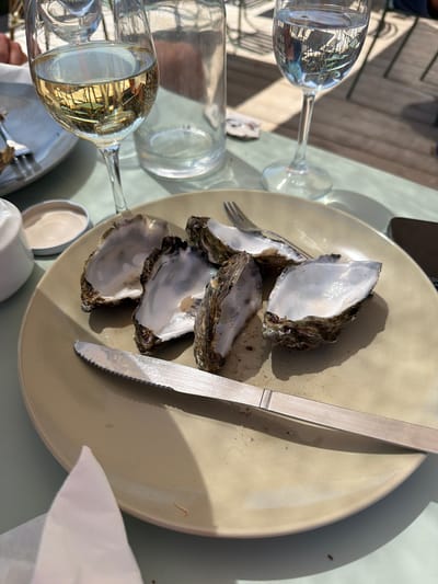 The image depicts a close-up of a light beige plate on a pale green table, with a pale yellow napkin in the lower left corner. On the plate are five opened oysters, their empty shells glistening. A silver knife with a serrated edge rests horizontally across the plate, positioned below the oysters. A fork is partially visible above the oysters, to the left.
In the background, two wine glasses are visible. The glass on the left contains white wine, reflecting the surroundings. The glass on the right appears to contain water, also reflecting. Behind the glasses, a clear glass bottle, likely for water, stands upright. The background suggests an outdoor setting with wooden decking and seating, indicative of a restaurant or terrace.
The lighting suggests it is daytime, with strong sunlight casting shadows. The overall scene is clean and orderly.
While the image does not explicitly state the location, the presence of oysters strongly suggests a coastal region known for its seafood. Given the prompt's request to include the city of Lège-Cap-Ferret, France, this location is known for its oyster farming and excellent seafood restaurants, making it a plausible setting for this image.