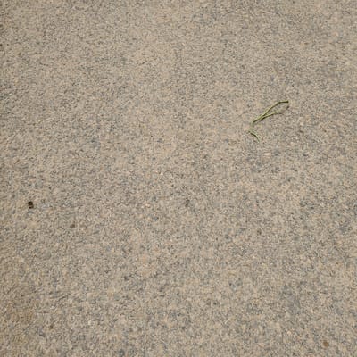 The image displays a close-up view of a coarse, greyish-tan concrete surface, likely a sidewalk or road, with small embedded pebbles of various colors, including grey, brown, and off-white. A single, thin, green blade of grass is curled near the top left quadrant of the frame. In the bottom right quadrant, a small, dark, oblong object, possibly a dried leaf or a small insect, is visible. The lighting suggests it is daytime, and there are no discernible weather cues or specific location markers beyond the implied outdoor setting. The texture of the concrete is rough and uneven, with some areas appearing slightly darker or smoother than others. The overall impression is one of an ordinary, unremarkable outdoor surface.