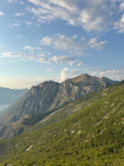 The image displays a panoramic view of rugged, vegetated mountains under a partly cloudy sky. The mountains are characterized by steep, rocky slopes interspersed with dense green foliage, primarily trees and shrubs. In the distance, a body of water, likely a bay or a fjord, is visible, with a faint outline of coastal settlements. The sky is a clear blue with scattered white cumulus clouds, suggesting fair weather. The lighting indicates it is likely late afternoon or early evening, with the sun casting long shadows across the terrain. The scene is devoid of any people or visible human activity beyond what appears to be a few small structures or buildings nestled on the mountainside in the mid-ground. The overall impression is one of natural grandeur and tranquility, typical of mountainous coastal regions. The specific location is identified as Špiljari, Montenegro, a place known for its dramatic landscapes and proximity to the Adriatic Sea.