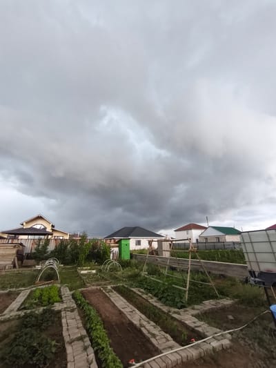 This is an outdoor, eye-level, vertical, full shot taken in the city of Қосшы, Kazakhstan. The scene depicts a backyard garden with multiple raised beds and rows of plants. Some of the beds have white hoop structures over them, possibly for protection or to create a greenhouse effect. In the background, there are several houses with different roof colors, including brown, white, and green. The sky is filled with dramatic, dark gray storm clouds, suggesting an impending rain shower. The foreground shows brick pathways between the garden beds, and various plants, including what appear to be leafy greens and legumes. A large white water tank or storage container is visible on the right side of the image. The overall impression is of a rural or suburban residential area experiencing changing weather conditions.