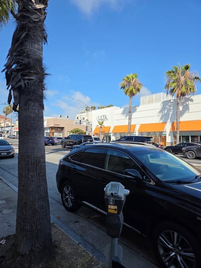 The image depicts a street scene in Santa Monica, California, USA. In the foreground, a large palm tree trunk stands to the left, partially obscuring the view. A black SUV is parked at the curb, with a parking meter in front of it. The meter is silver and gray with a digital display and payment instructions. Behind the SUV, more cars are visible on the street, suggesting moderate traffic. In the background, a white building with orange awnings houses a store labeled "ULTA BEAUTY." Several palm trees are planted along the sidewalk in front of the building, and the sky is blue with scattered clouds. The overall impression is a sunny day in a commercial area of the city.