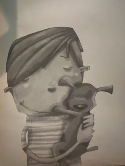 The image is a black and white illustration of a person and a dog. The person is a child, with short, striped hair and wearing a horizontally striped shirt. The child is embracing a dog, holding it close to their face. The dog has floppy ears and appears to be looking back at the child. The illustration is done in a simple, cartoonish style, with thick lines and minimal shading. The background is plain and white, offering no contextual information about the setting. The illustration is not located in Villa de Cura, Venezuela; this information is not present in the visual data.