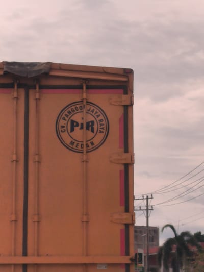 This image presents a detailed view of the rear of a large yellow-orange truck or cargo container, dominating the left side of the frame. The truck's surface is marked with vertical black straps or hinges, and a circular logo is centrally positioned on its back panel.
The visible text within the logo clearly reads "CV. PANGGO JAYA RAYA" encircling the outer edge. Inside the circle, prominent capital letters "PIR" are displayed, with the word "MEDAN" inscribed at the bottom. This text identifies a company, likely a shipping or logistics service, originating from Medan, Indonesia.
The scene is set outdoors under an overcast sky, suggesting a cloudy day or potentially late afternoon given the diffused light. To the right of the truck, a utility pole with numerous power lines extends into the background. Distant buildings, including one with a reddish roof, are faintly visible behind the pole, along with the distinct silhouette of a palm tree and other foliage, indicating a tropical or subtropical setting.
No specific activity or event is occurring; the image is a static capture focusing on the vehicle and its immediate environment. The location context indicates this scene is in Dayah Teungoh, Indonesia.
