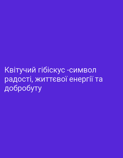This is a media file featuring text on a plain purple background. The text is white and written in Ukrainian. The first line reads "Квітучий гібіскус -символ" which translates to "Blooming hibiscus - symbol". The second line states "радості, життєвої енергії та" which means "of joy, vital energy and". The third and final line says "добробуту" translating to "well-being". The text appears to be a quote or a statement about the symbolism of a blooming hibiscus. There are no people, objects, or scene depicted in the image, only the text against a solid color. The context provided mentions Tiraspol City Council, Moldova, but this information is not visually represented in the image itself. The image is static and does not depict any activity or event. There are no notable details regarding time of day, weather, or location cues other than the provided context. The emotions evoked are neutral, stemming from the factual and symbolic nature of the text.