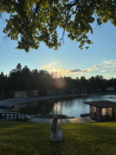 The image depicts a serene waterside setting in Peresvet, Russia, likely during late afternoon or early evening. The sun, low in the sky, casts a warm glow, creating a lens flare that is visible in the image. The sky is a clear blue, with some scattered white clouds catching the sunlight.

In the foreground, a large, leafy green tree branches out, its foliage a vibrant contrast to the blue sky. To the right, a grassy lawn slopes down towards a calm body of water. A person, dressed in light-colored clothing, is seated on the grass, facing away from the camera, appearing to be contemplative or relaxed. Their long, light-colored hair is visible.

Along the water's edge, a wooden deck or walkway is visible. Several modern, dark-colored buildings with large windows are situated along the deck, suggesting a resort or residential area. A dark-colored boat is moored to the deck, and a small, dark-roofed structure, possibly a boathouse or pavilion, stands nearby. The water reflects the surrounding trees and the sky, adding to the peaceful atmosphere. The overall mood is one of tranquility and natural beauty. There is no visible text in the image.
