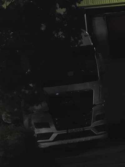In the city of Zeppelinheim, Germany, a white semi-truck is parked. The truck's front is visible, with a dark grille and headlights. A license plate with the characters "GG 6054" is mounted on the lower front of the truck. The truck is partially obscured by dark foliage. The background appears to be a building with a ribbed metal exterior. The scene is dimly lit, suggesting it is nighttime or indoors.