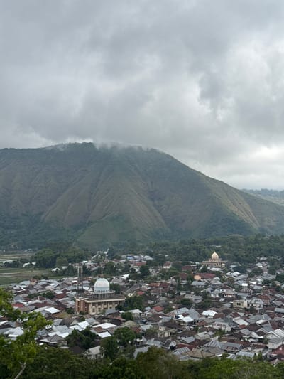 This is a vertical, high-angle photograph of a village nestled at the base of a steep, green mountain in Sembalun Lawang, Indonesia. The sky is overcast with heavy, gray clouds, suggesting a possibly cool or rainy day. The mountain, which dominates the left side of the frame, is covered in lush vegetation and appears to have terraces or natural ridges running down its slopes.

The village itself is densely packed with numerous houses, their roofs predominantly made of corrugated metal in shades of gray, white, and red. The houses are arranged closely together, creating a textured pattern from above. A prominent building with a white dome and minarets, likely a mosque, stands out within the village, surrounded by other structures. Green trees are interspersed throughout the village and along the edges of the mountain, indicating a natural and somewhat rural environment. The overall impression is one of a community thriving in a dramatic natural landscape. There is no visible text in the image.