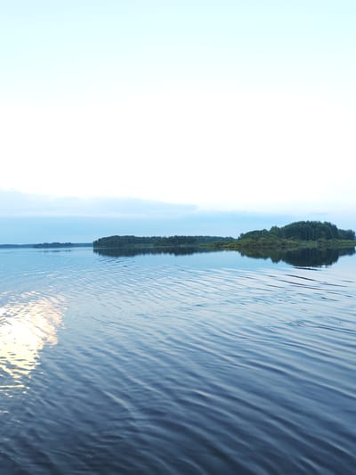 The image shows a wide, calm lake with a line of trees and foliage visible in the distance, bordering the opposite shore. The sky above is a pale blue with soft, wispy clouds. The water's surface is slightly rippled, reflecting the sky and the distant greenery. On the left side of the image, a patch of sunlight glints off the water, creating a bright, shimmering effect. The overall impression is one of tranquility and natural beauty. The location in Edoma, Russia, is not explicitly identifiable from the image itself, as it depicts a general natural landscape.