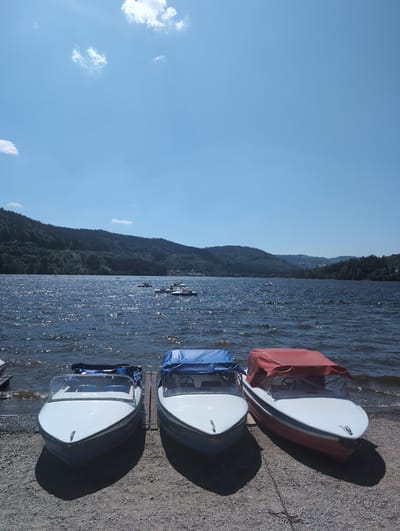 This media file captures a serene lakeside scene in Titisee-Neustadt, Germany. The image features several small, white boats with dark hulls lined up on a gravelly shore, some partially covered with blue or red tarps. One boat in the foreground is clearly visible, showcasing its white interior and windshield. In the background, a dark, tree-covered mountain slopes down to meet the shimmering blue water of the lake. The sky is a clear, bright blue with a few scattered white clouds, suggesting a sunny day, likely in the late morning or early afternoon. The sun's glare on the water indicates it is high in the sky. The overall mood is peaceful and inviting, hinting at a day for recreation on the water. No people are visible in the immediate foreground, but a few distant figures can be seen on the water, engaged in activities that are not clearly discernible. The orientation of the image is rotated 90 degrees clockwise from standard portrait orientation.