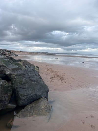 The image depicts a wide-angle view of Montrose Beach in Montrose, United Kingdom, under an overcast sky. In the foreground, a prominent collection of large, dark grey boulders, some partially submerged in shallow water, occupies the lower left quadrant and extends horizontally into the midground. The boulders are rugged, displaying some greenish discoloration consistent with moss or algae. The immediate area around these rocks features shallow, clear water pooling on the light brown, damp sand.

The midground is dominated by a vast expanse of light brown-pink sand. This sand is largely wet and reflective, indicating either a low tide or receding water, with numerous human footprints visible. Further out on the wet sand, a rectangular, light-colored object, possibly debris, rests. In the distant midground, two indistinct human figures are visible walking on the beach, positioned slightly left of center. To their left, a line of sand dunes with sparse vegetation runs parallel to the shoreline, forming the upper edge of the beach.

The background shows the distant coastline, including low-lying land or hills under the continuous overcast sky. The sky itself is filled with dense, dark grey clouds, providing diffuse, flat lighting across the entire scene. Small, dark specks, possibly birds, are visible clustered on the distant wet sand or waterline towards the right side of the image. The sea extends to the horizon, appearing calm and reflecting the grey sky.