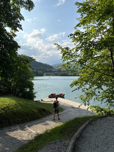 The image shows a man standing on a paved walkway leading down to a dock, looking out at Lake Bled. The dock is empty except for two red boats, which are situated side-by-side at the far end of the dock. In the background, the lake water is calm and reflects the bright, blue sky, with a few clouds visible. Behind the lake, there is a green forested hillside, with a few buildings visible in the distance. The man is wearing a black backpack, and his gaze is fixed on the lake. To the left of the man, there is a grassy area, and to his right, a tree trunk is partially visible. The image was taken from a vantage point above the man and the dock.