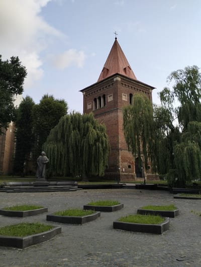 The image shows a view of the Bell Tower of the Church of Saints Peter and Paul in Drohobych, Ukraine. The brick tower has a red conical roof topped with a cross. To the left of the tower is a statue of a man in a long robe, holding a book. In front of the statue and tower is a paved courtyard with several square planters containing grass. Several weeping willow trees are visible, partially obscuring the tower and statue. The sky is partly cloudy.