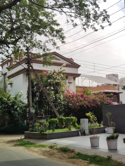 This is a daytime, eye-level, outdoor, medium shot of a residential building and its surroundings in Gurgaon, India. The building is white with a brown-trimmed roof and features large white columns at the entrance. It is flanked by lush greenery, including flowering bushes with pink and white blossoms. A power pole with multiple wires stands in front of the building, obscuring part of it. In the foreground, there is a paved walkway with several potted plants, and a dirt road with patches of grass. The sky is overcast, and trees with green leaves overhang the scene.