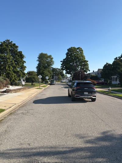 A black Kia Sportage is driving down a tree-lined residential street in Levittown, New York, United States of America. The sky is clear and blue, with a few faint shadows cast by the trees onto the asphalt road. The car is in the foreground, with its rear facing the camera. Other cars are parked on the side of the road, and houses with manicured lawns can be seen in the background. A fire hydrant is visible on the right side of the road. The scene appears to be from a sunny day.