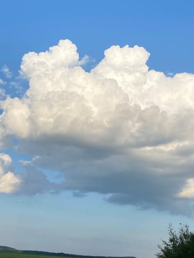 The image shows a wide shot of a sky filled with dramatic clouds. The sky is a vibrant blue, with large, fluffy white clouds dominating the upper half of the frame. These clouds are lit from above, casting shadows on their undersides, giving them a textured, three-dimensional appearance. Below these, a band of darker, grayer clouds stretches across the middle of the image, suggesting a change in weather. The bottom third of the image shows a distant horizon with a hint of green fields and a dark line of trees, possibly indicating a rural or undeveloped area. The overall impression is one of a dynamic and natural sky. The location is identified as Bol'shoe Koshaevo, Russia, though the image itself provides no specific landmarks to confirm this. There are no people, animals, or man-made objects clearly visible in the scene.