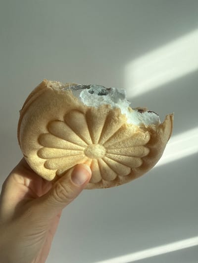 A person's hand holds a bite-sized, circular wafer cookie filled with white cream and a dark filling. The wafer has a textured pattern resembling flower petals. Sunlight streams in from the right, casting diagonal shadows across the plain, light-colored background. The image is cropped from above, focusing on the handheld dessert. This scene does not provide enough context to determine the location in Gimpo-si, South Korea.