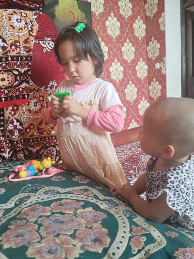 This image depicts two young children in what appears to be a domestic setting in Mady, Kyrgyzstan. In the foreground, a young girl is sitting, holding a green toy. She is wearing a pink long-sleeved shirt under a light-colored, patterned dress with straps. A green hair clip adorns her dark hair. To her right, a baby or very young child is also seated, facing away from the camera and towards the girl. This child is wearing a black and white leopard-print top.
Both children are positioned on a patterned rug. In front of the girl, there is a pink toy with several colorful spherical objects and a yellow duck-like toy. Behind the children, the wall is covered with patterned red wallpaper featuring an ornate gold motif. A portion of a patterned fabric, possibly a tapestry or rug, is visible on the left side of the frame. The overall impression is one of children engaged in play within a home environment.