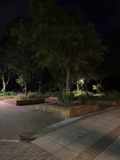 This image depicts a park at night in Chiba, Japan. The scene features several large trees with full canopies, illuminated by ambient light creating a dark and moody atmosphere. Brick planters, some containing vegetation and yellow flowers, are arranged along paved pathways. The ground is a combination of reddish-brown brick pavers and larger, grey stone slabs, with a metal grate drain visible. A streetlamp is visible in the background, casting a pool of light. There are no people or animals in the frame.