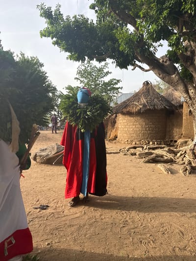 The image shows a person in traditional dress with a green leafy headdress, a blue head covering, and a red robe with a blue sash, standing in an outdoor setting in Dawaki, Nigeria. The ground is sandy. Behind the person is a mud building with a thatched roof. There are trees and other greenery visible in the foreground and background. Another person in white and red clothing is partially visible in the lower foreground.