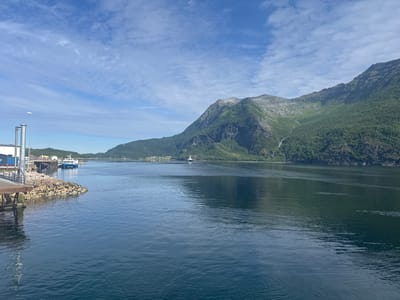 This is a photograph taken from a body of water looking towards a fjord in Inndyr, Norway. The scene depicts a calm, blue body of water with gentle ripples. In the distance, a large, green, mountainous landscape dominates the background, with some trees growing on its slopes. A narrow waterfall is visible cascading down the side of the mountain.
On the left side of the image, there is a pier with some structures, including containers and a lamppost. Two boats are docked at the pier. Further out in the water, a larger white ferry can be seen in the middle distance, moving away from the viewer. The sky is partly cloudy with a light blue hue. The overall impression is a serene and natural landscape, typical of a Norwegian fjord setting.