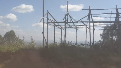 A wooden structure stands on a hillside under a partly cloudy sky. The structure is incomplete, featuring upright poles and crossbeams. Vegetation surrounds the base, merging into a hazy background of trees and distant hills. The foreground displays a dusty, uneven terrain. The overall scene evokes a sense of rural development or unfinished construction within a natural environment.