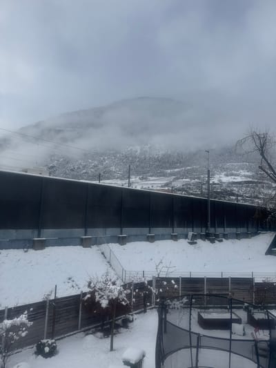 The image depicts a snow-covered winter landscape in Visp, Switzerland, under a uniformly overcast sky. The foreground shows a residential backyard blanketed in approximately 10-15 cm of snow, featuring several snow-laden deciduous trees and shrubs, a dark wooden privacy fence, and a circular trampoline with a black net enclosure also covered in snow. A metal fence separates this area from an ascending, snow-covered embankment. Atop the embankment, a tall, dark grey sound barrier wall runs horizontally across the mid-ground, supported by lighter grey concrete blocks at its base. A metal staircase is visible ascending the embankment towards the wall. Behind the sound barrier, elements of a railway line are visible, including overhead electrical wires supported by poles, a white building structure, and a streetlamp. The background reveals snow-covered mountains, densely forested at lower elevations, with their upper slopes partially obscured by low-hanging clouds or fog. No individuals or active subjects are present in the scene.