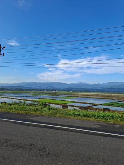 The image depicts a rural landscape in Kampung Jumpa, Indonesia. A paved road with a white line runs along the bottom of the frame. To the right of the road, lush green vegetation borders flooded rice paddies. The paddies are geometrically arranged and reflect the bright blue sky, which is dotted with wispy white clouds. In the distance, a range of hazy blue mountains forms the horizon. A small, traditional hut with a thatched roof is visible within the rice fields. Overhead, several power lines are strung across the sky, supported by a utility pole on the left side of the image. The scene is bathed in natural daylight, suggesting an outdoor setting. There are no people or animals visible in the image.