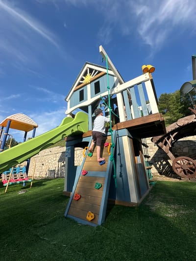 In an outdoor setting on a sunny day, a young boy wearing a grey t-shirt and dark shorts is climbing a blue and white wooden playset. The playset has a green slide, a climbing wall with colorful handholds, and a rope. Behind the playset, there is a stone wall, green artificial turf, trees, and a clear blue sky with wispy white clouds. In the background, a wooden wagon wheel and part of a wooden structure are visible. The location is identified as Danilovka, Altai Krai, Russia.