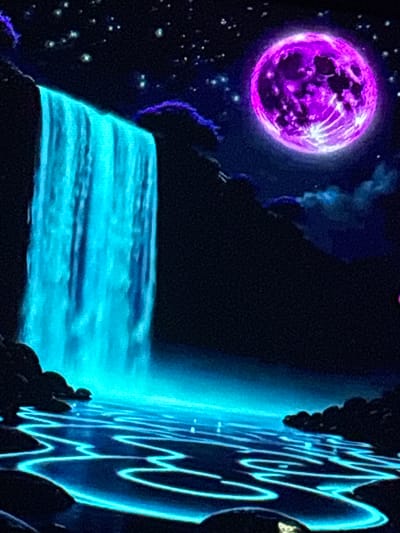 The image depicts a surreal, nighttime landscape with a vibrant, glowing waterfall cascading into a luminous body of water. The water has intricate, glowing blue patterns on its surface. Above, a large, luminous purple moon dominates the dark, star-filled sky. Dark, silhouetted shapes of trees and landforms surround the waterfall and the moon. There are no people or identifiable landmarks present. The scene is entirely fantastical and does not correspond to any specific location in Skopje, North Macedonia.