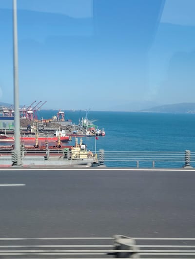 The image depicts an industrial port scene viewed from an elevated perspective, likely from a vehicle traversing a bridge or highway. In the immediate foreground, the asphalt surface of a road with white lane markings is visible, alongside a vertical grey pole on the left and a metal safety railing on the right.
The midground showcases a busy port with several large cargo ships or freighters docked along the shore. Numerous industrial cranes, primarily red and some green or grey, are prominent, suggesting active cargo handling operations. Piles of materials, possibly scrap metal or raw commodities, are visible on the land within the port area, surrounded by various industrial buildings and structures. The water in the port appears dark blue.
Beyond the bustling port, a wide expanse of deep blue sea stretches towards the horizon. In the distant background, a long, hazy landmass with mountains or hills can be seen under a clear and bright blue sky. The bright sunlight indicates it is daytime with fair weather conditions. There are no identifiable people or discernible text visible in the photograph. The scene captures the functional and industrial character of a major shipping hub, consistent with coastal industrial areas like Dilovası, Turkey.