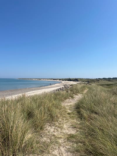 The image displays a coastal landscape on a clear, sunny day in Skagen, Denmark, specifically depicting the environment near Grenen. A sandy path, approximately 1.5 meters wide and worn by foot traffic, occupies the foreground and middle ground, winding through dense, tall clumps of light green and yellowish dune grass (Ammophila arenaria) that cover undulating sand dunes. To the left of the path and dunes, a wide, light-colored beach composed of gravel and pebbles stretches along the coastline. The calm, light blue-green sea extends from the left frame to the distant horizon. Several indistinct human figures are visible on the beach in the mid-ground; one figure is observed wading in the shallow water near the left-center. A line of dark, rounded boulders is situated between the beach and the dune vegetation. In the far distance, along the curving shoreline, multiple white, domed structures resembling radar installations and slender poles/towers are visible atop the distant landmass. The sky above is uniformly clear and blue.