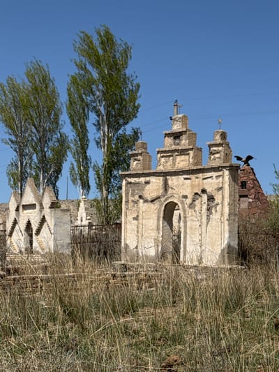 This image captures a weathered, multi-tiered stone or concrete building under a clear blue sky in Barbulak, Kyrgyzstan. The central structure, possibly an old chapel or bell tower, features an arched entrance at its base and intricate finials at its peaks, including one resembling a star and another a crescent moon or stylized bird, along with small crosses. Behind the main building, a section of reddish-brown stone masonry is visible, with a dark bird (likely an eagle or hawk) perched on its highest point.
To the left of the prominent structure, a smaller, light-colored building with a visible outdoor staircase is partially seen. The foreground and right side of the image are filled with extensive patches of tall, dry, yellowish-brown grass, suggesting a natural, uncultivated environment or a dry season. On the far left, a tree with vibrant green leaves appears wind-swept, indicating breezy conditions. Faint power lines traverse the clear blue sky.
The scene is depicted in bright daylight, with no human activity, conveying a sense of historical tranquility or solitude in a rural or semi-arid landscape. The architecture and natural elements are consistent with a Central Asian setting. No visible text is present in the image.