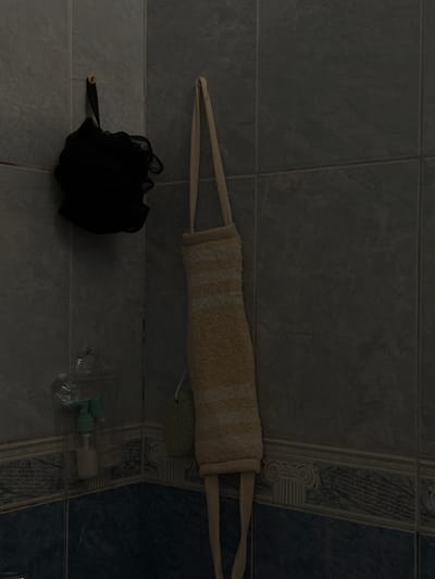 The image depicts a dimly lit bathroom interior with tiled walls. On the left, a black loofah hangs from a hook. To the right of it, a light-colored, striped bath towel with handles is hanging. Below the black loofah, a clear plastic container holds a pump bottle with a light-colored liquid. The environment suggests a domestic setting. There is no indication of the city of Raivka, Ukraine, in the image itself.