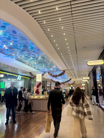 An indoor shot of a shopping mall features a long hallway lined with stores, decorated with festive garlands and snowflake ornaments. The ceiling has a modern design with linear elements and recessed lighting. On the left is a decorative wall panel with blue floral shapes. Shoppers walk through the mall, and storefronts like "Balaboosté" and "ZAG" are visible. The scene captures a bustling atmosphere with a mix of people and retail activity.