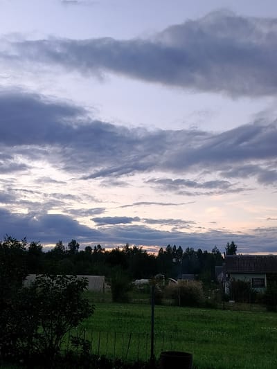 The image captures a rural landscape scene in the evening. The sky is filled with dramatic, cloudy formations, with shades of gray, blue, and hints of pale orange near the horizon, suggesting either sunrise or sunset. Below the sky, a dense line of dark green trees forms a natural backdrop. In the foreground, a lush green meadow is visible, bordered by a wire fence. Scattered within the meadow are a few structures, including a long, white, greenhouse-like building, and a small, light-colored building with a dark roof. To the right, a larger, traditional house with a gray, corrugated roof and green siding is partially visible. The overall atmosphere is serene and natural.