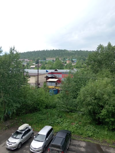 In Aldan, Russia, on an overcast day, a residential area is depicted from an elevated vantage point. In the foreground, three parked vehicles are visible on an asphalt surface. A silver hatchback with a roof carrier is parked closest to the viewer, followed by a silver station wagon and a dark-colored SUV. Beyond the vehicles, a lush green area with trees and overgrown vegetation is present. In the middle ground, several buildings with various roofing materials, including metal and asphalt shingles, are nestled among dense foliage. One building features red and yellow accents. In the background, a hillside covered in a dense forest of coniferous trees rises, with a cluster of houses visible on its slope. At the very top of the hill, white lettering, presumably a town name or slogan, is displayed against the treeline. Power lines are strung across the scene, connecting to utility poles. The overall impression is of a semi-rural or suburban setting within the city.