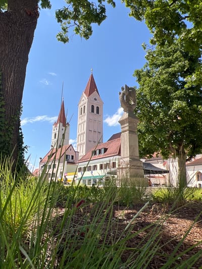 The image shows a sunlit scene in Moosburg, Germany, with a focus on the two prominent towers of the Moosburg Cathedral (St. Kastulus Cathedral). In the foreground, tall green grass and a tree trunk partially obscure the view. A stone monument with a sculpture on top stands to the right of the frame. Behind the monument, the light-colored facade of the cathedral rises, with its distinctive red-tiled roofs. The cathedral features a tall, slender tower with a red pointed roof and clock faces, and a wider, taller tower to its right, also with a red pointed roof and a clock. Several buildings with red roofs and light-colored walls are visible in the middle ground, some appearing to be shops or residences. The sky is clear blue with a few wispy white clouds. In the background, more buildings are visible, suggesting a town or city setting. A few people are present in the middle ground, one standing near a stroller and another walking. The overall impression is one of a pleasant, sunny day in a historic European town.